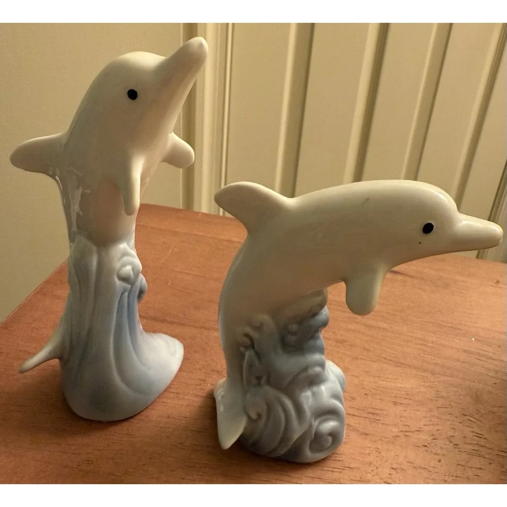Set Of 2 Vintage Porcelain Dolphin‎ Figurine Sea Ocean Nautical